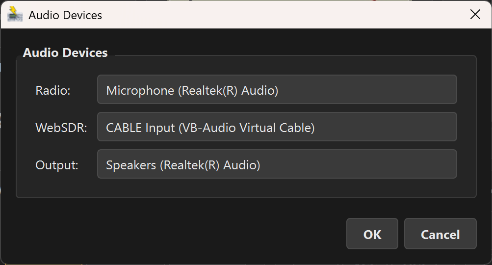 Audio Devices dialog showing Radio Input, System Loopback, and Audio Output dropdowns