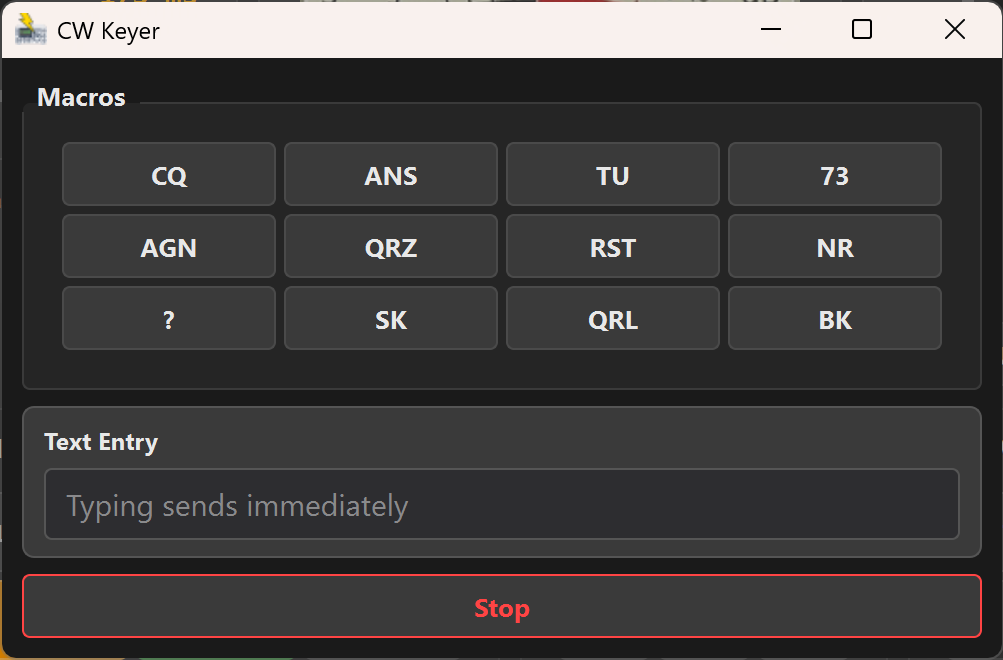 CW Keyer window showing 4x3 macro grid, speed and mode controls, and text entry field