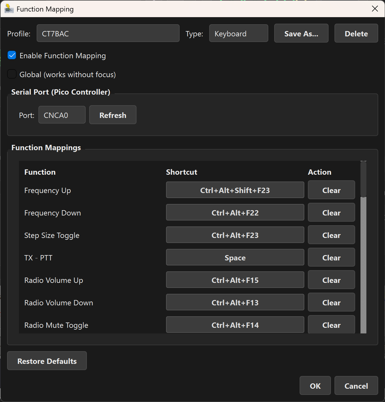 Function Mapping dialog showing a serial profile with button assignments and encoder function dropdown