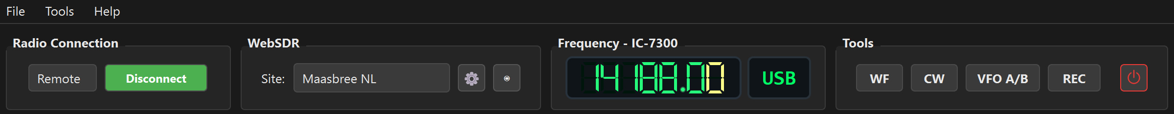 Top bar showing frequency LCD at 14.205.00 MHz, USB mode, and green connect status