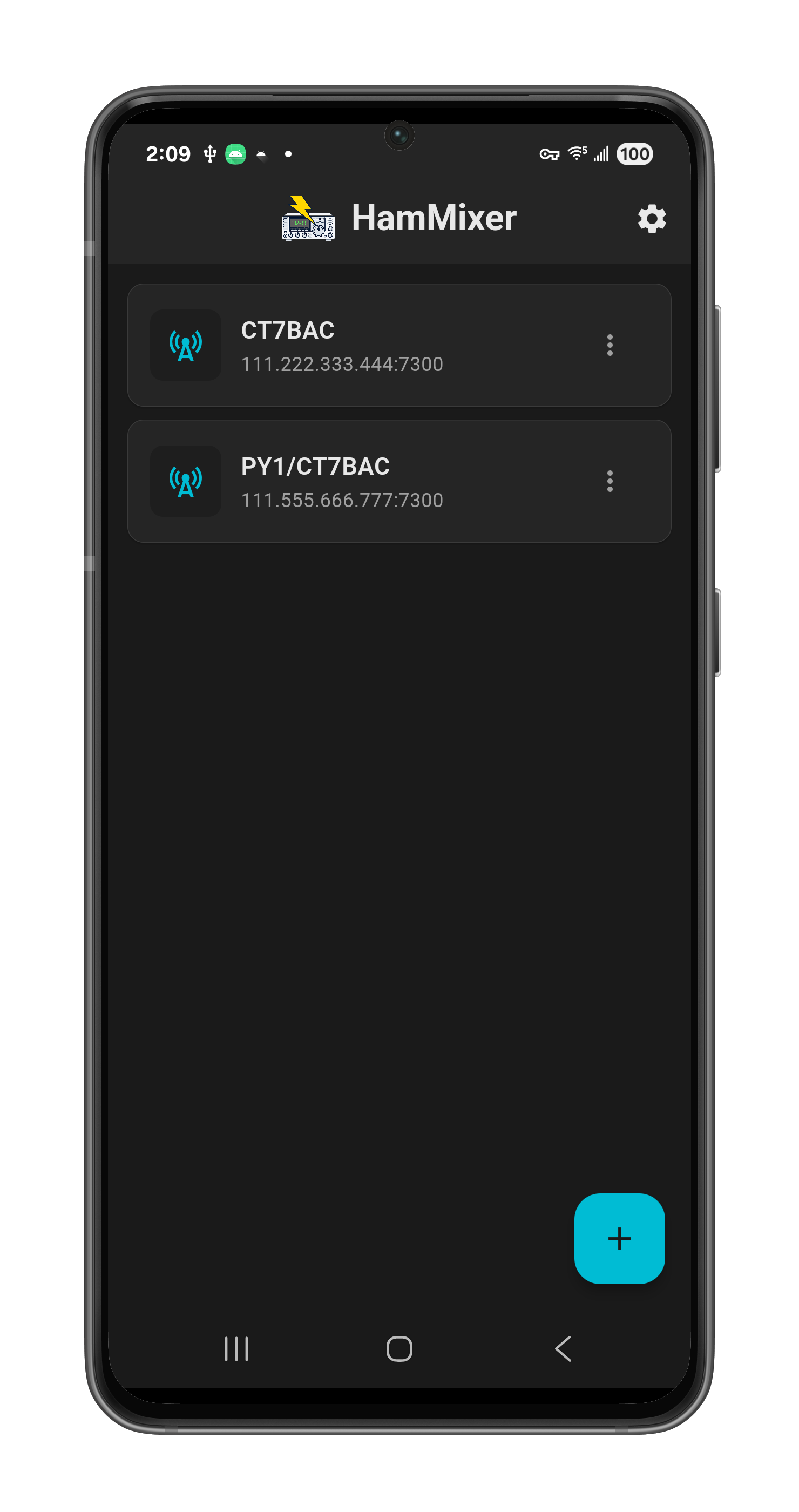 Connection screen showing saved server cards with station names and the add button