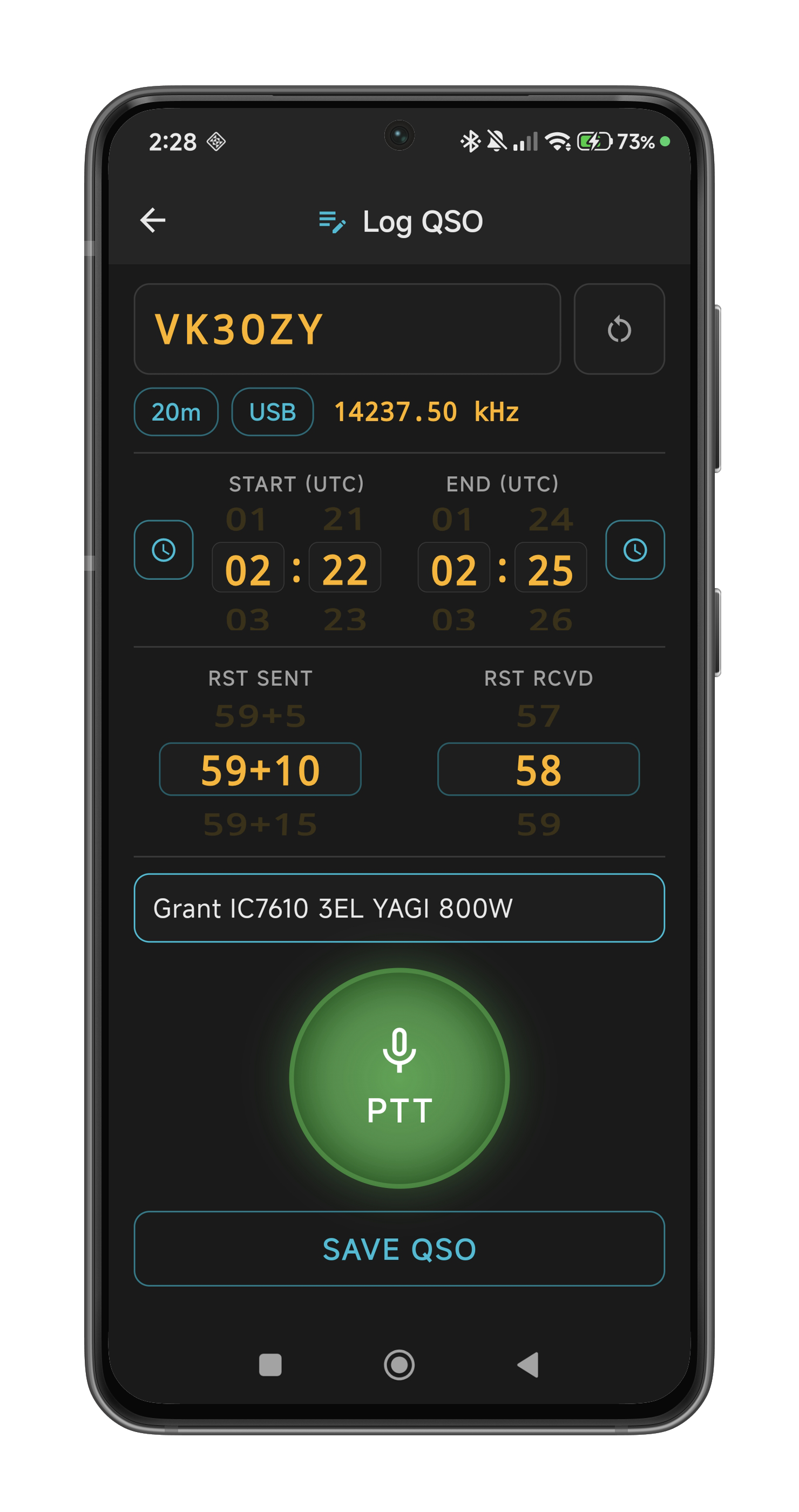 QSO Log screen showing callsign field, time scroll wheels, RST scroll wheels, and band/mode chips