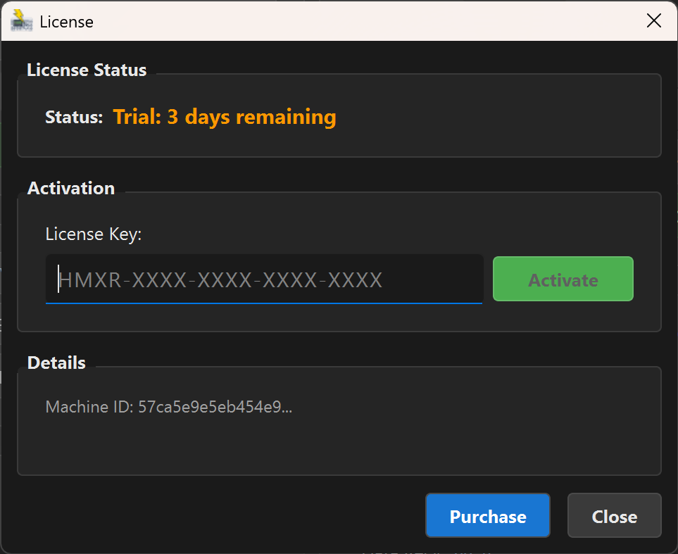 License dialog showing key input field and activation status