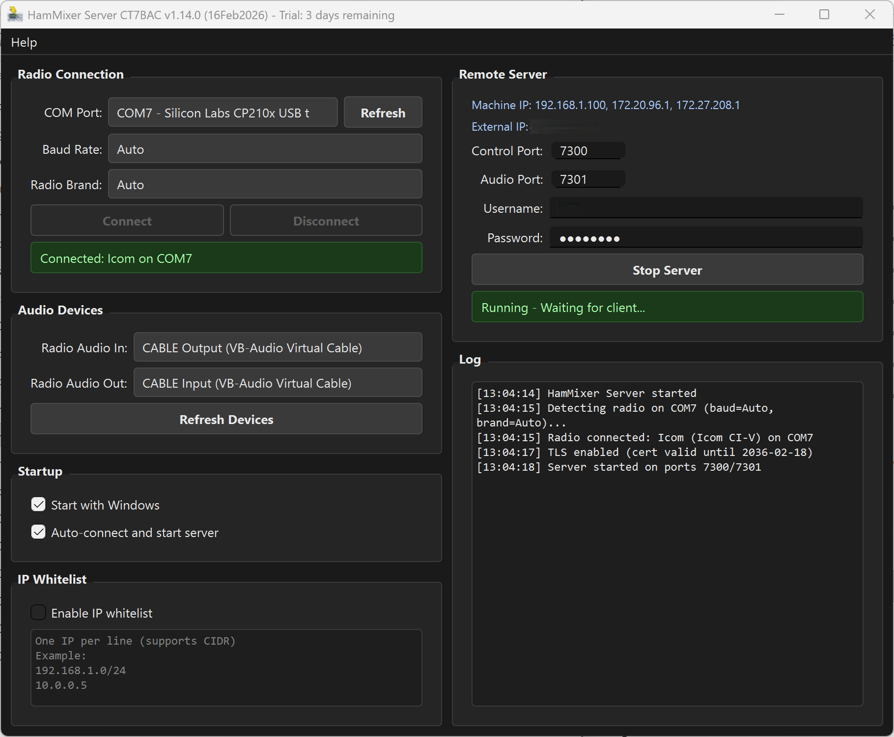 HamMixer Server main window showing radio connected and server running