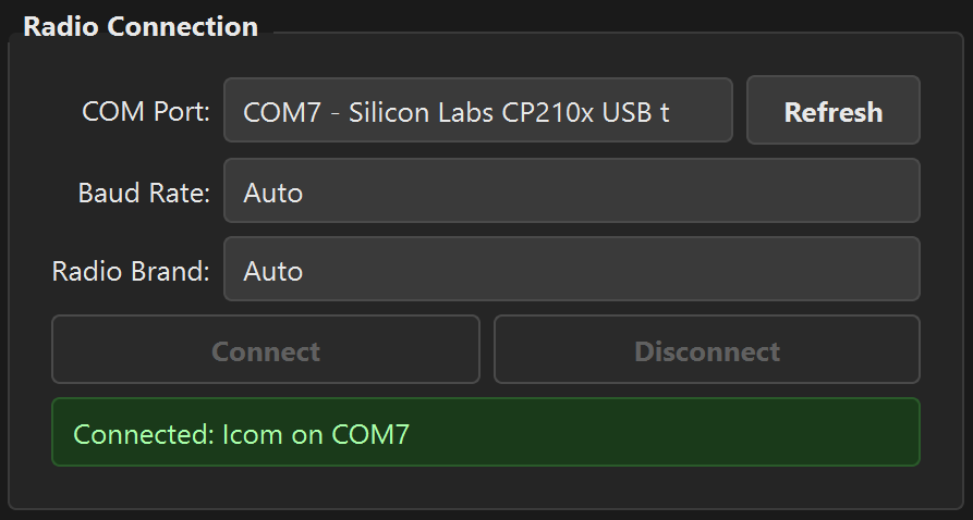 Radio Connection panel showing green Connected status with IC-7300 on COM7